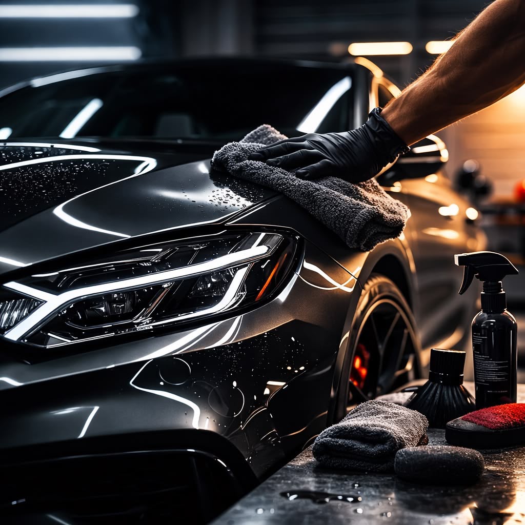 Detailer puliendo a mano un auto oscuro con un paño de microfibra