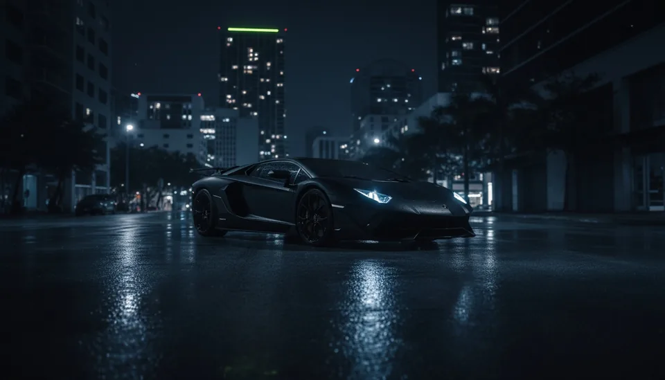 Superauto en un puente de Miami de noche, autos exóticos en Miami